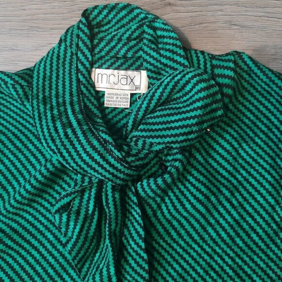 80s Vintage High Neck Bow Graphic Striped Printed Blouse - Picture 4 of 13